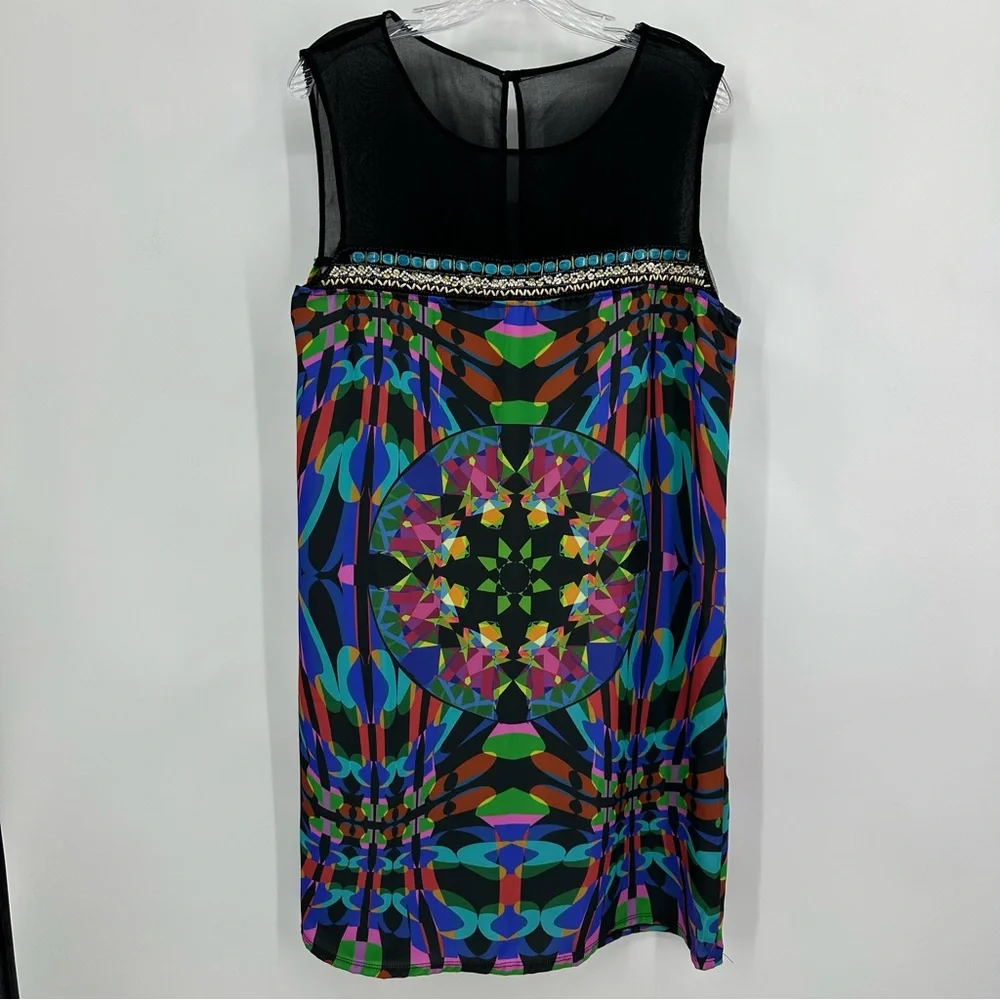 DESIGUAL Beaded Sheer Geometric Shift Dress Blue Pink Size 44 US M